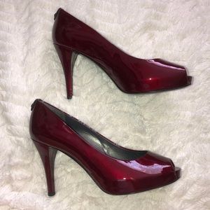 Stuart Weitzman Red Peep Toe Patent Leather Heels